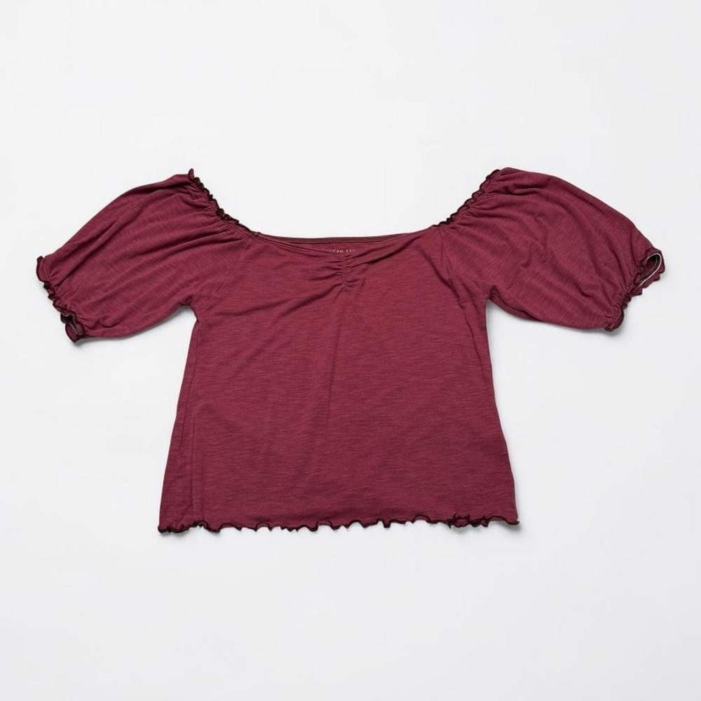 American‎ Eagle Soft Sexy Burgundy Off Shoulder Puff Sleeve Lettuce Trim Top XS